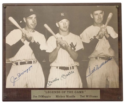 Mickey Mantle, Joe DiMaggio, and Ted Williams Signed B/W Photo Plaque